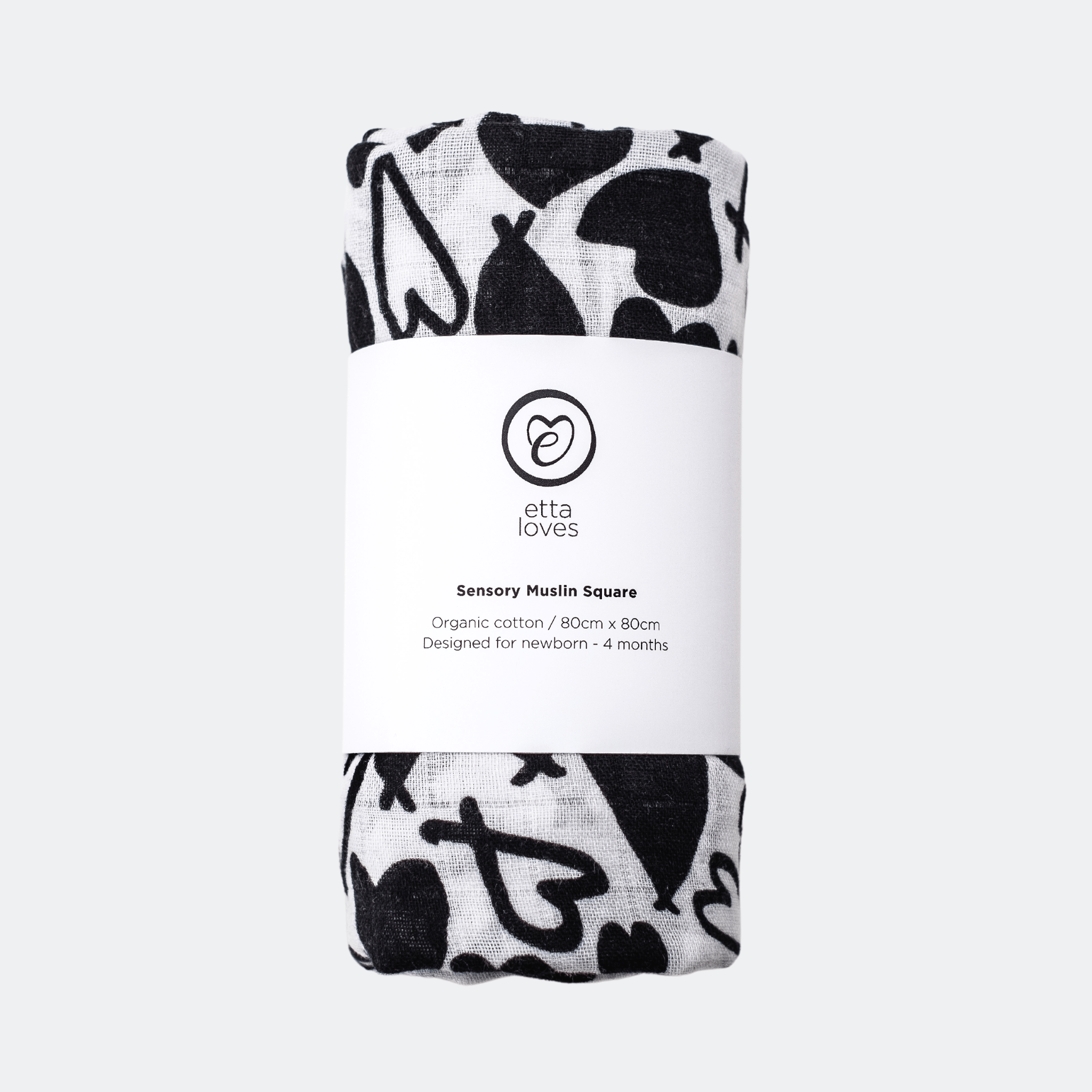 LOVE HEART SINGLE SENSORY MUSLIN - Designed for 0 - 4 month old babies - Etta Loves